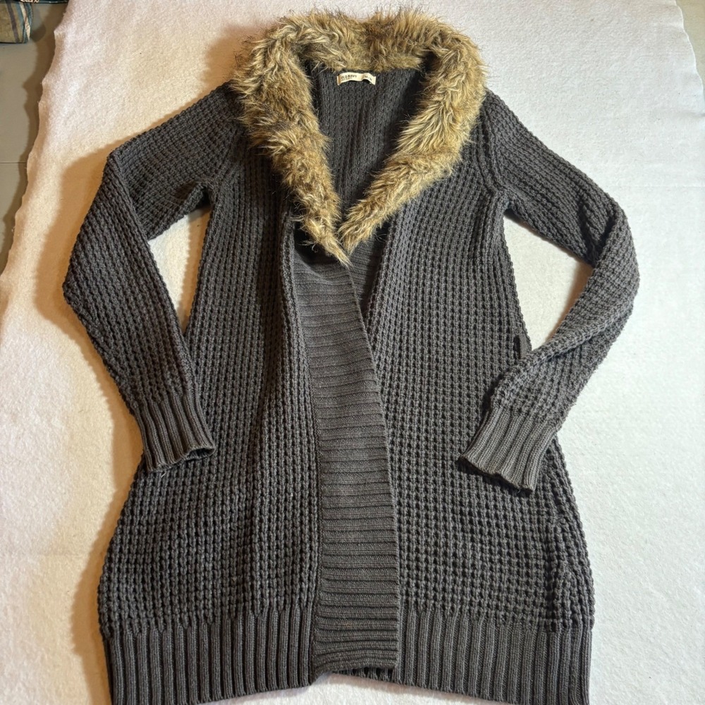 Old‎ Navy Womens Gray Open Front Cardigan Sweater Faux Fur Collar Medium Y2K